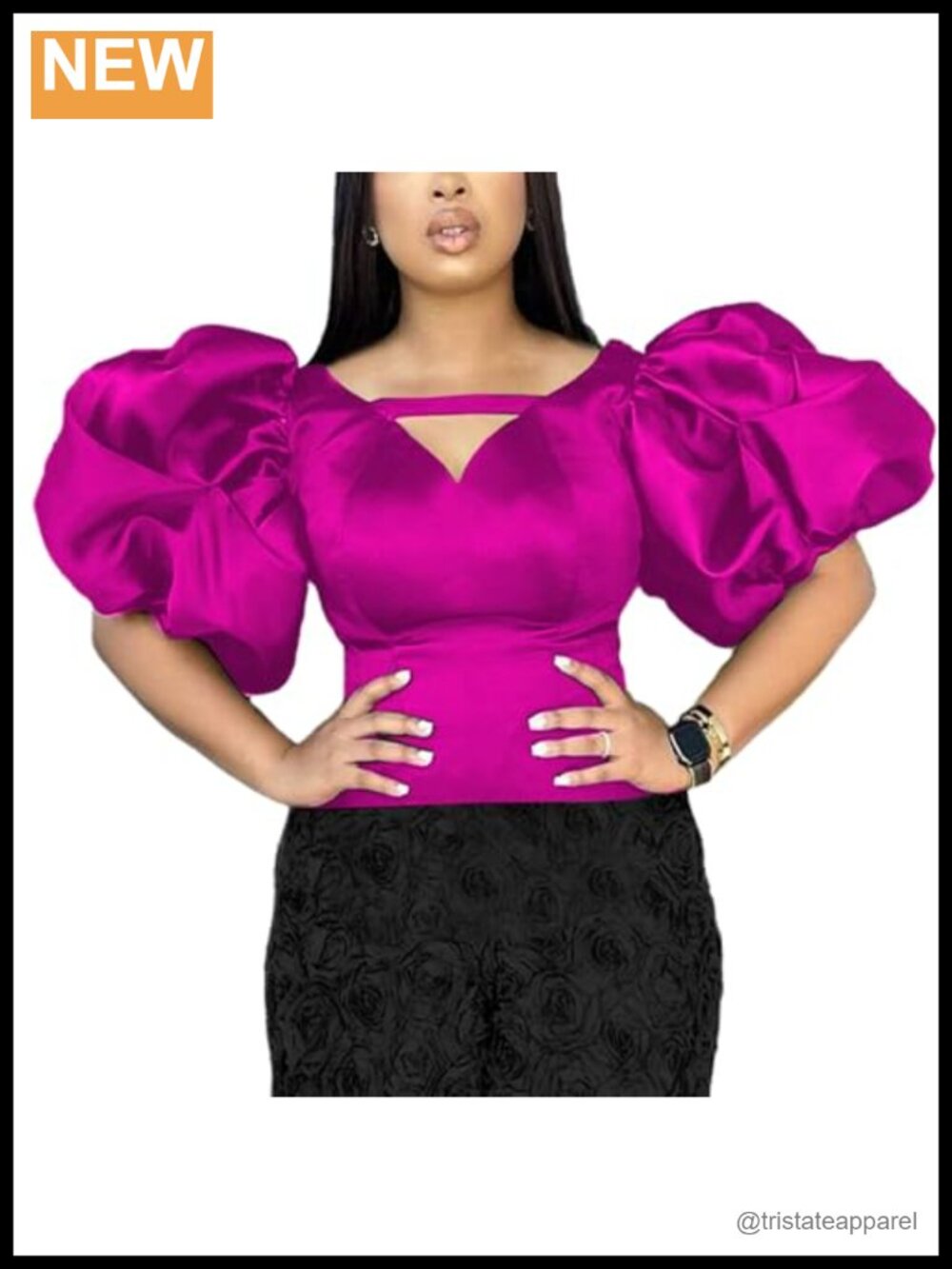 Shiny V-Neck Puff Sleeve Blouse, Slim Fit, Stretchy Top